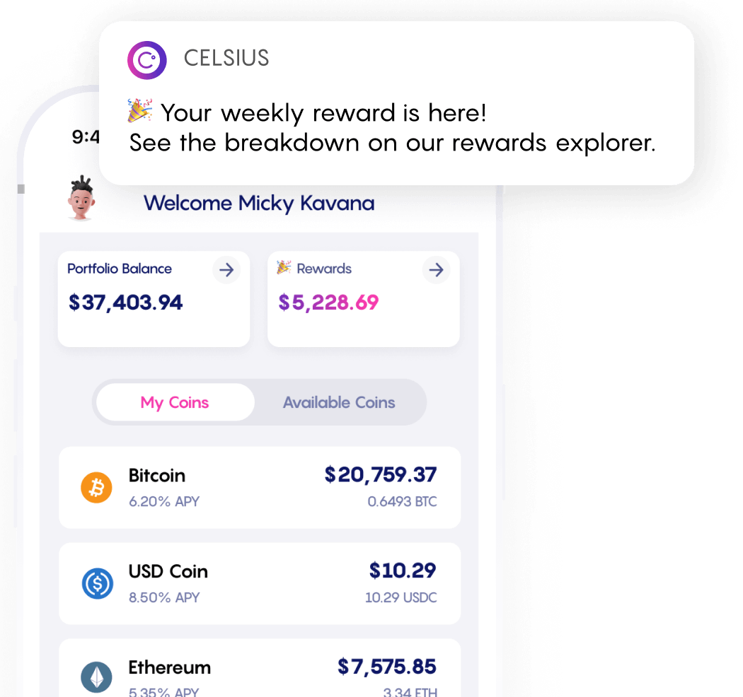 Celsius app showing rewards paid out with explorer notification