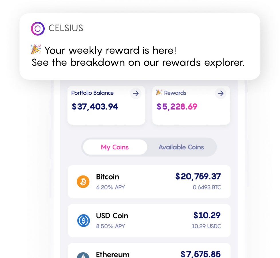 Celsius app showing rewards paid out with explorer notification