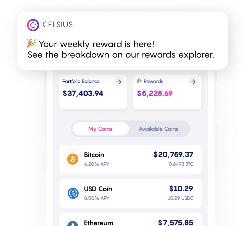 Celsius app showing rewards paid out with explorer notification
